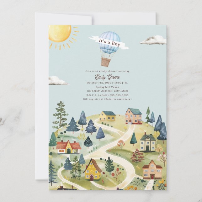 Invitation Baby shower Blue Boy Village de Hot Air Balloon (Devant)