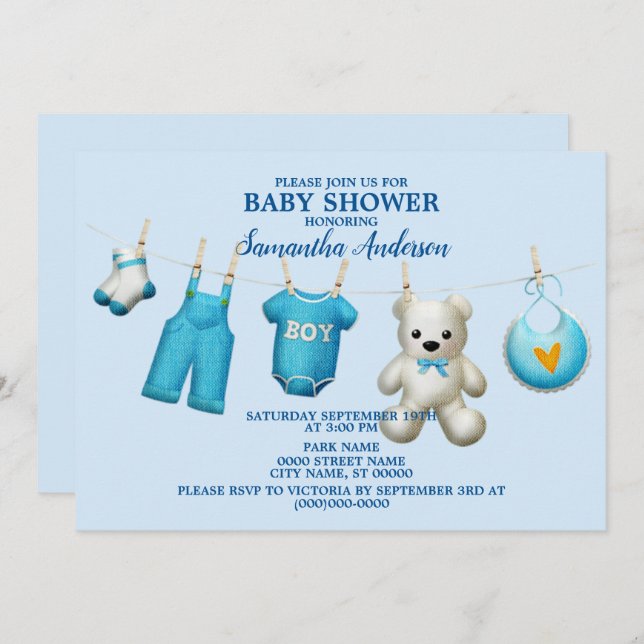 Invitation Baby shower Blue Boys Belle Élégante (Devant / Derrière)