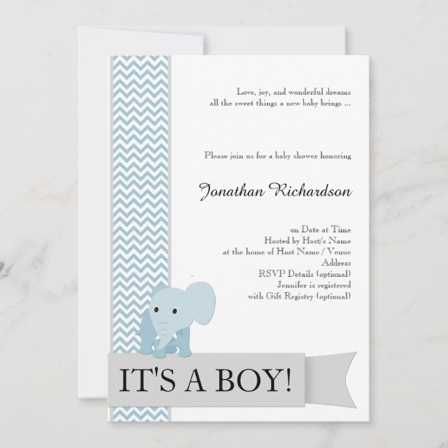 Invitation Baby shower Blue Chevron Elephant (Devant)