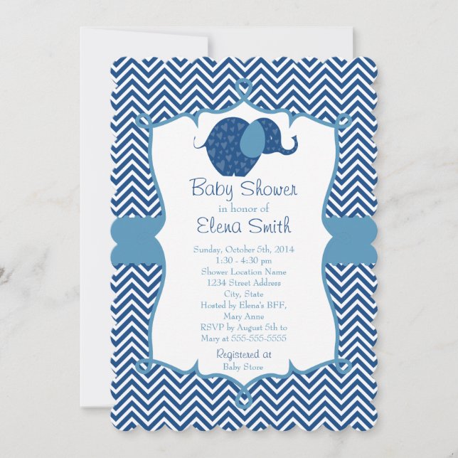 Invitation Baby shower Blue Chevron Elephant (Devant)