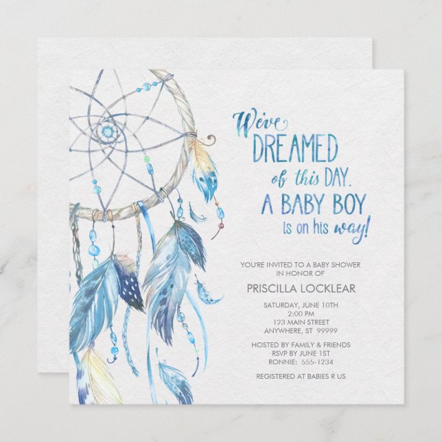 Invitation Baby shower Blue Dreamcatcher (Devant / Derrière)