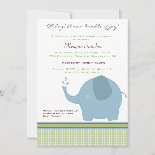 Invitation Baby shower Blue Elephant (Devant)