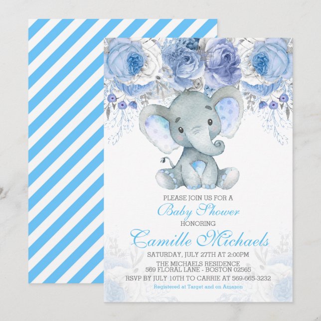 Invitation Baby shower Blue Elephant (Devant / Derrière)