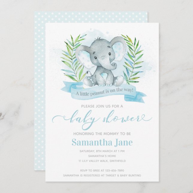 Invitation Baby shower Blue Elephant (Devant / Derrière)