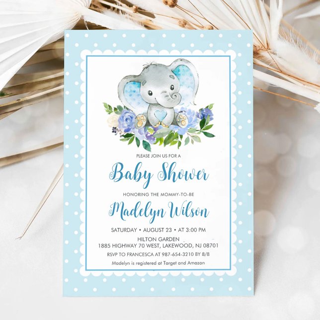 Invitation Baby shower Blue Elephant (Blue Elephant Baby Shower Invitation)