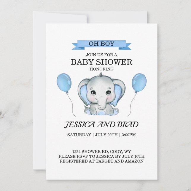 Invitation baby shower Blue Elephant (Devant)