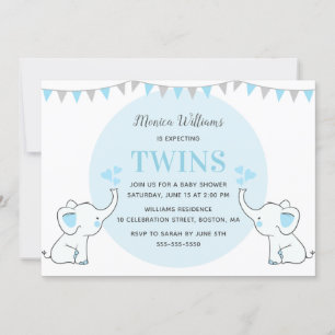 Invitation Baby shower Blue Elephant   Baby shower Boy Twins