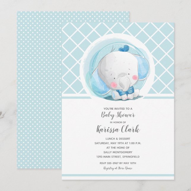 Invitation Baby shower Blue Elephant Boy (Devant / Derrière)