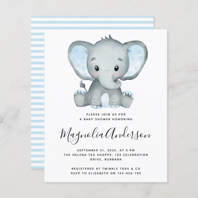 Invitation Baby shower Blue Elephant BUDGET (Devant / Derrière)