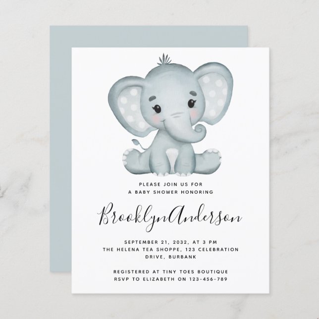 Invitation Baby shower Blue Elephant BUDGET (Devant / Derrière)
