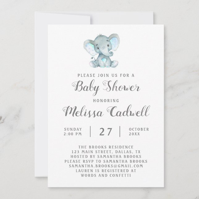 Invitation Baby shower Blue Elephant Invitation, garçon (Devant)