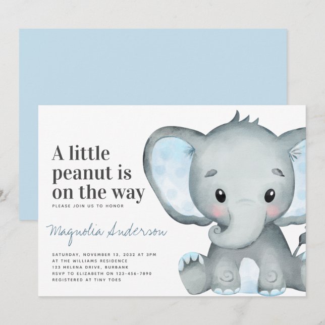 Invitation Baby shower Blue Elephant Little Peanut (Devant / Derrière)