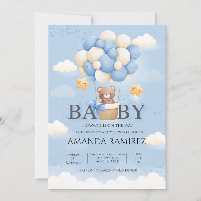 Invitation Baby shower Blue Elephant personnalisé (Devant)