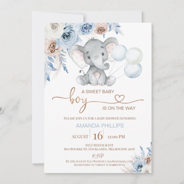 Invitation Baby shower Blue Floral Elephant Balloons (Devant)