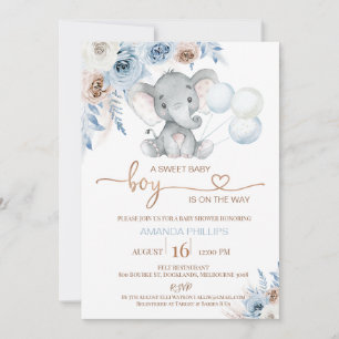 Invitation Baby shower Blue Floral Elephant Balloons