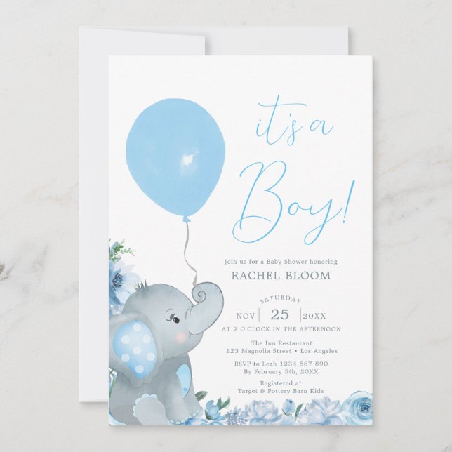 Invitation Baby shower Blue Floral Elephant Boy (Devant)