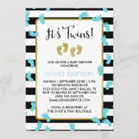 Baby shower Blue Footprints Black & Gold Twins