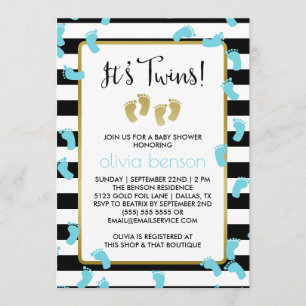Invitation Baby shower Blue Footprints Black & Gold Twins