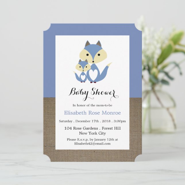 Invitation Baby shower Blue Fox Burlap (Debout devant)