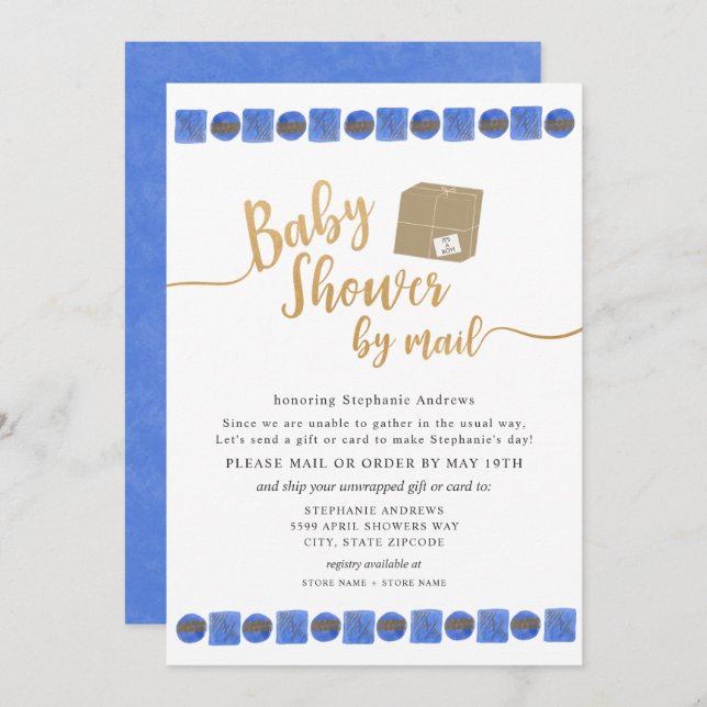 Invitation Baby shower Blue Gold Boy par courrier (Devant / Derrière)