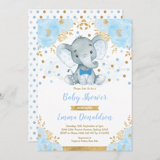 Invitation Baby shower Blue Gold Elephant Little Man (Devant / Derrière)