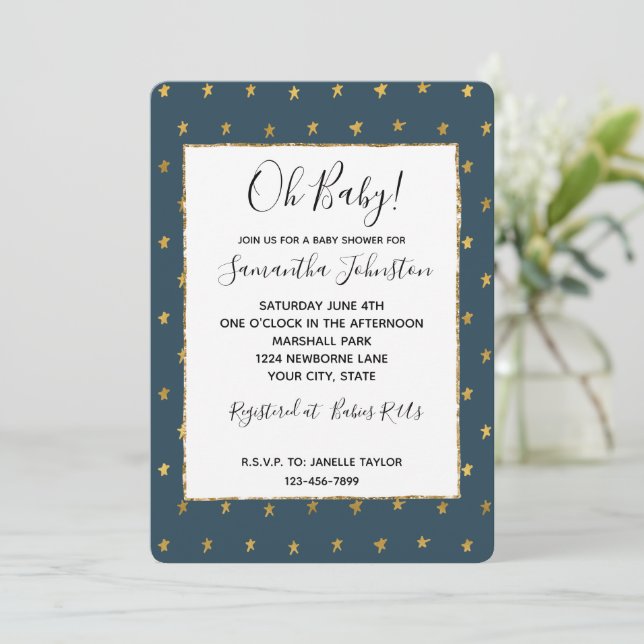 Invitation Baby shower Blue Gold Stars (Debout devant)