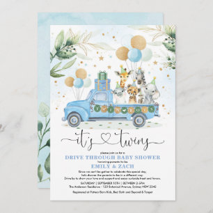Invitation Baby shower Blue Gold Twin Boys Jungle Drive Thru