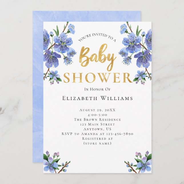 Invitation Baby shower Blue Gold Watercolor Flowers (Devant / Derrière)