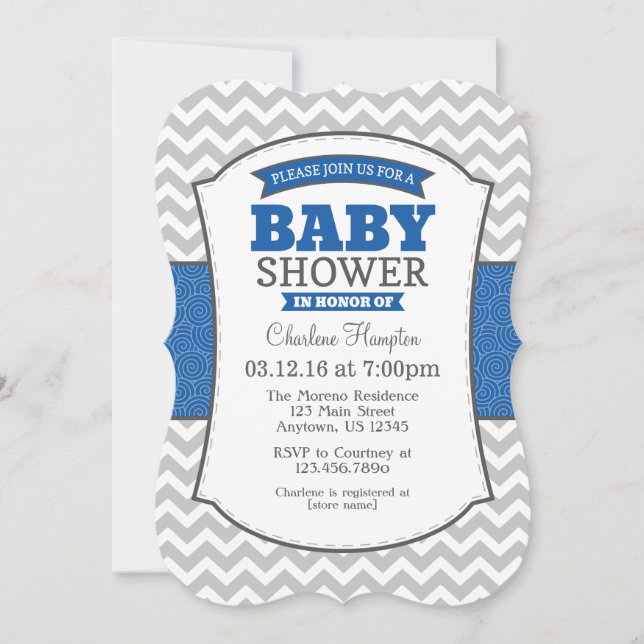 Invitation Baby shower Blue Grey Chevron (Devant)