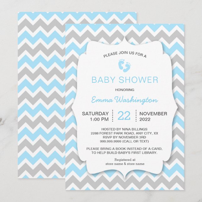 Invitation Baby shower Blue Grey Chevron (Devant / Derrière)