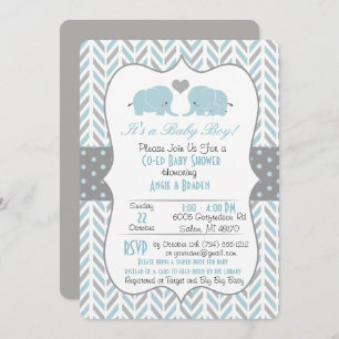 Invitation Baby shower Blue Grey Elephant