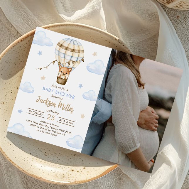 Invitation Baby shower Blue Hot Air Balloon Boy Photo (Créateur téléchargé)