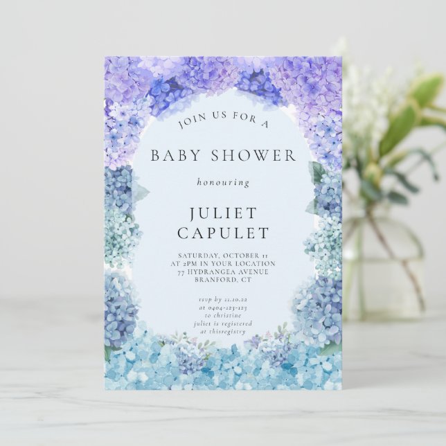 Invitation Baby shower Blue Hydrangea (Debout devant)