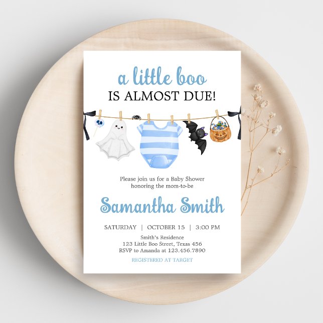 Invitation Baby shower Blue Little Boo (Boy Little Boo Halloween Clothesline Baby Shower Invitation)
