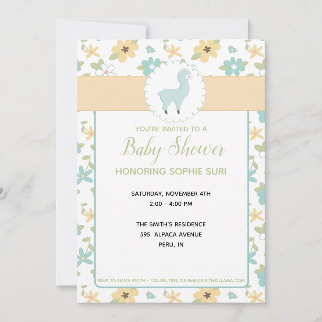 Invitation Baby shower Blue Little Llama personnal (Devant)