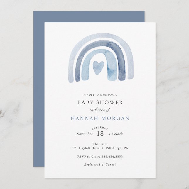 Invitation Baby shower Blue Rainbow (Devant / Derrière)