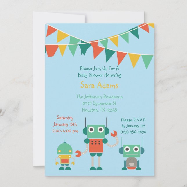 Invitation Baby shower Blue Robot 5x7 (Devant)