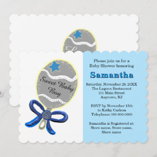 Invitation Baby shower Blue Star Silver Rattle