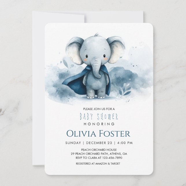 Invitation Baby shower Blue Superhero Elephant (Devant)