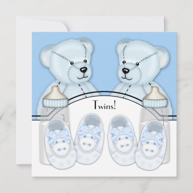 Invitation Baby shower Blue Teddy Bear Twin Boys (Devant)