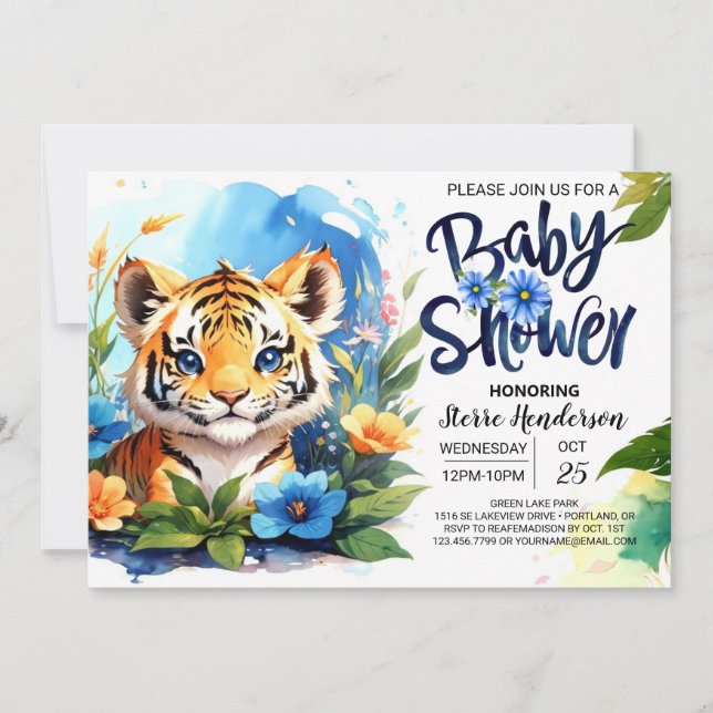 Invitation Baby shower Blue Watercolor Adventure Tiger Cubs (Devant)