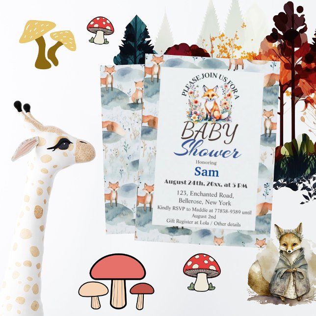 Invitation Baby shower Blue Watercolor Baby Fox (Créateur téléchargé)