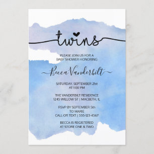 Invitation Baby shower Blue Watercolor Twins