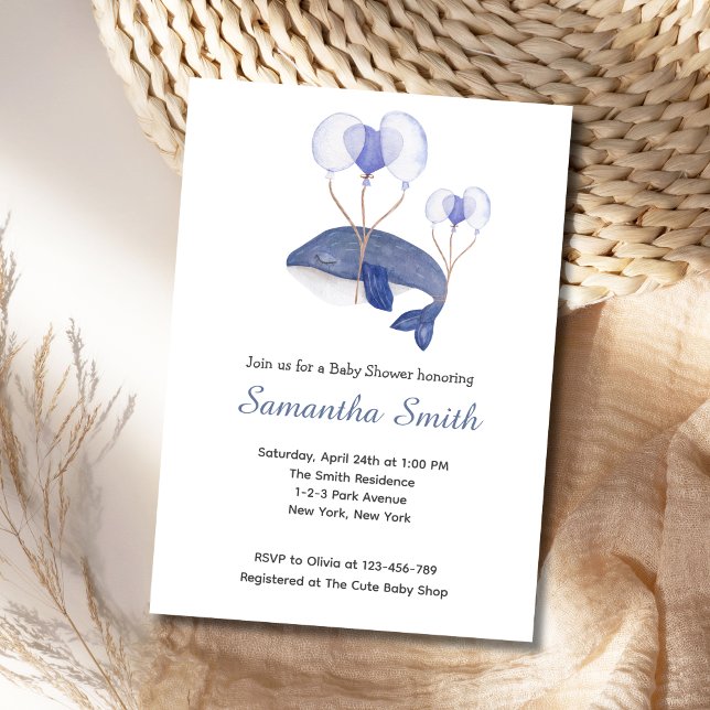 Invitation Baby shower Blue Watercolor Whale (Blue Whale Baby Shower Invitation)