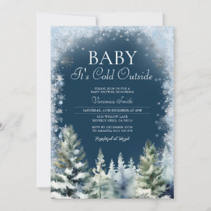 Invitation Baby shower Blue Winter Pine Tree de la Marine Fla