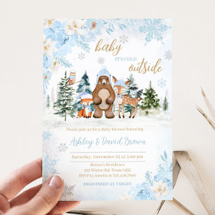 Invitation Baby shower Blue Winter Woodland Animaux