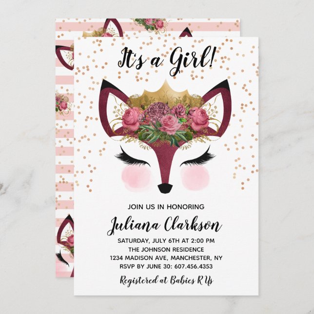Invitation Baby shower Blush & Gold Fox Princess (Devant / Derrière)