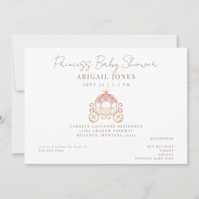 Invitation Baby shower Blush Princess Carriage (Devant)