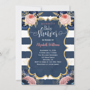 Invitation Baby shower Blush Rose Marine bleu Floral