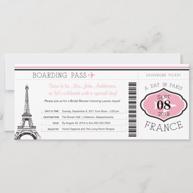 Invitation Baby shower Boarding Pass à Paris (Devant)